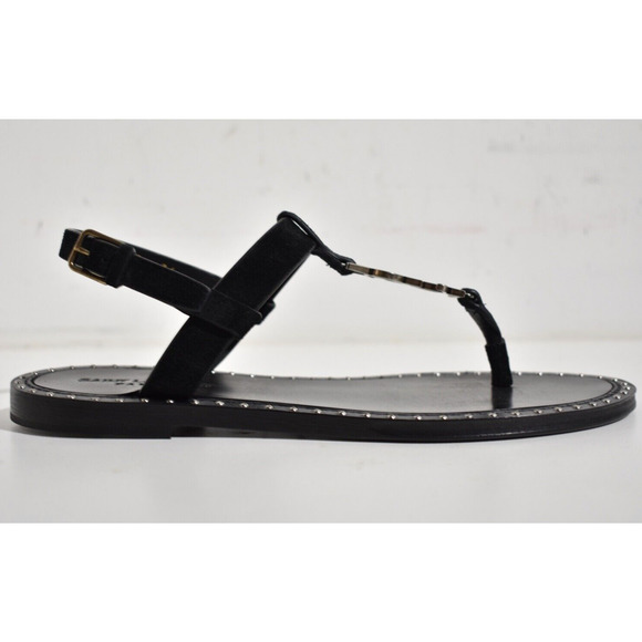Saint Laurent YSL Logo Iota 05 Black Suede Studded Thong Slide Flat Sandal 35 - Picture 2 of 12